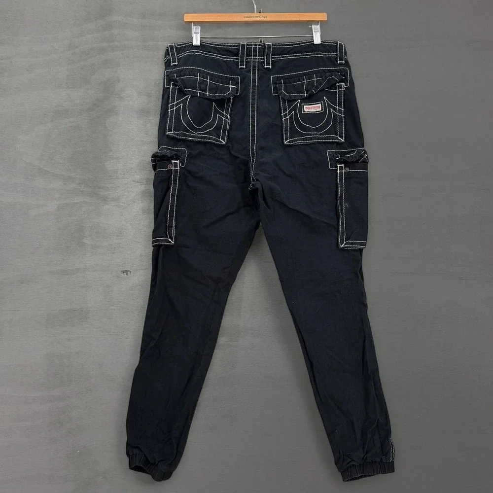 True Religion Cargo Jogger Pants Black Big T Contrast Stitch Size 34